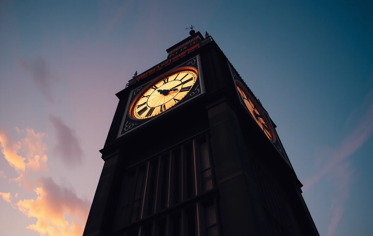 Architectural landmark clock tower at twilight